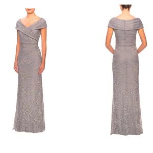 LA FEMME
Off-the-Shoulder Ruched Lace Gown